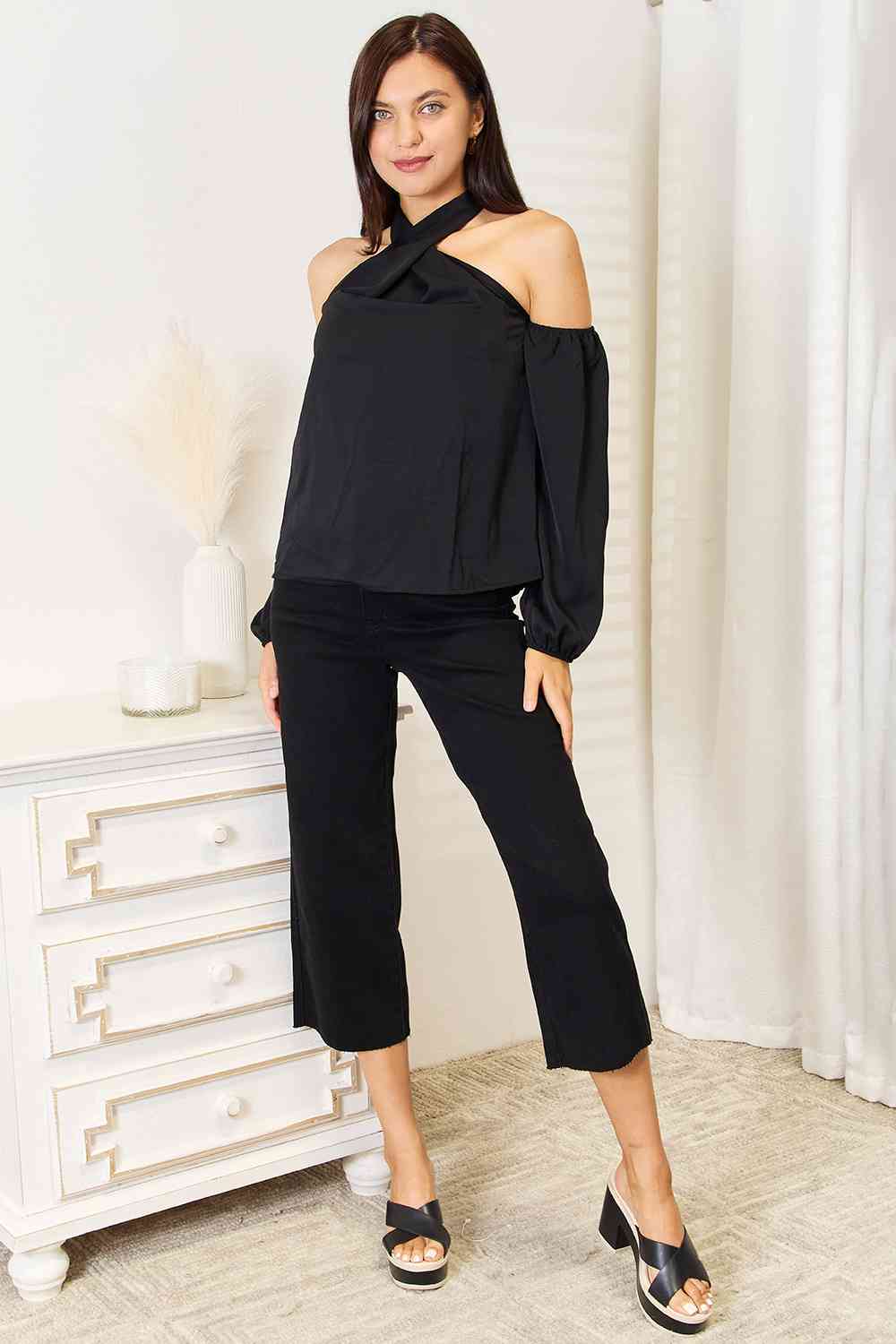 Double Take Grecian Cold Shoulder Long Sleeve Women Blouse