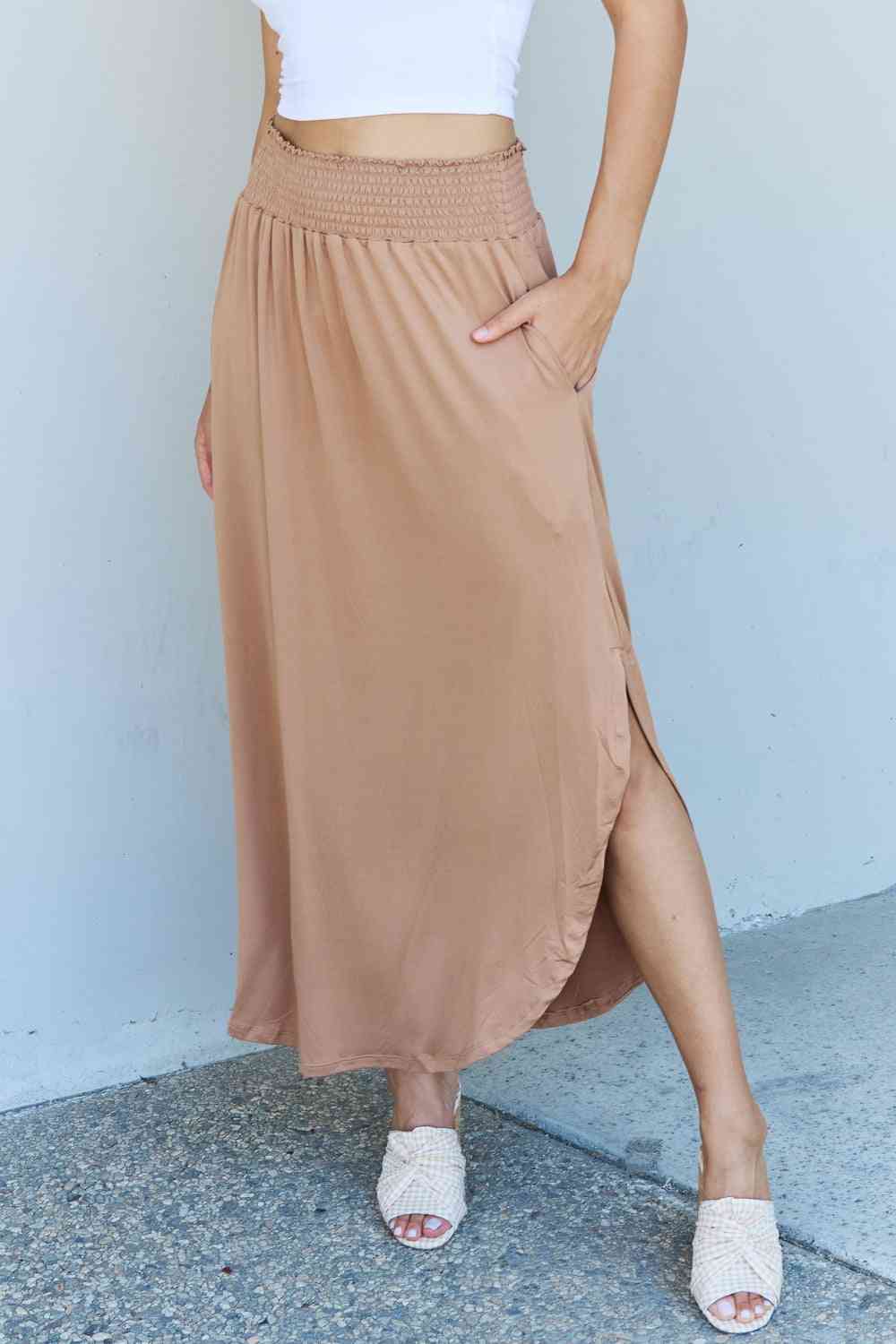 Doublju Comfort Princess Full Size High Waist Scoop Hem Women Maxi Skirt in Tan