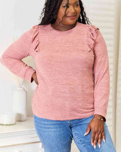 Double Take Ruffle Shoulder Long Sleeve Women T-Shirt