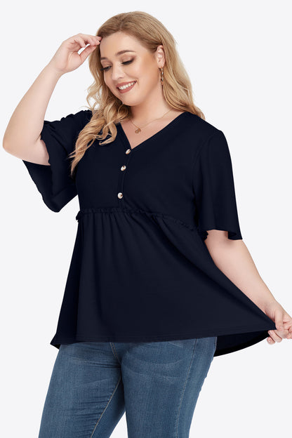 Plus Size Buttoned V-Neck Frill Trim Women Babydoll Blouse