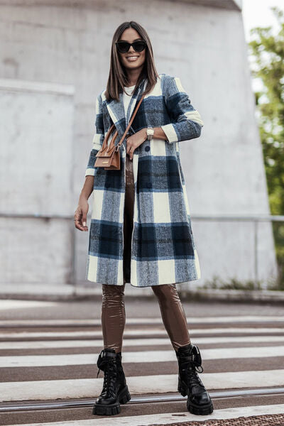 Double Take Full Size Plaid Button Up Lapel Women Collar Coat