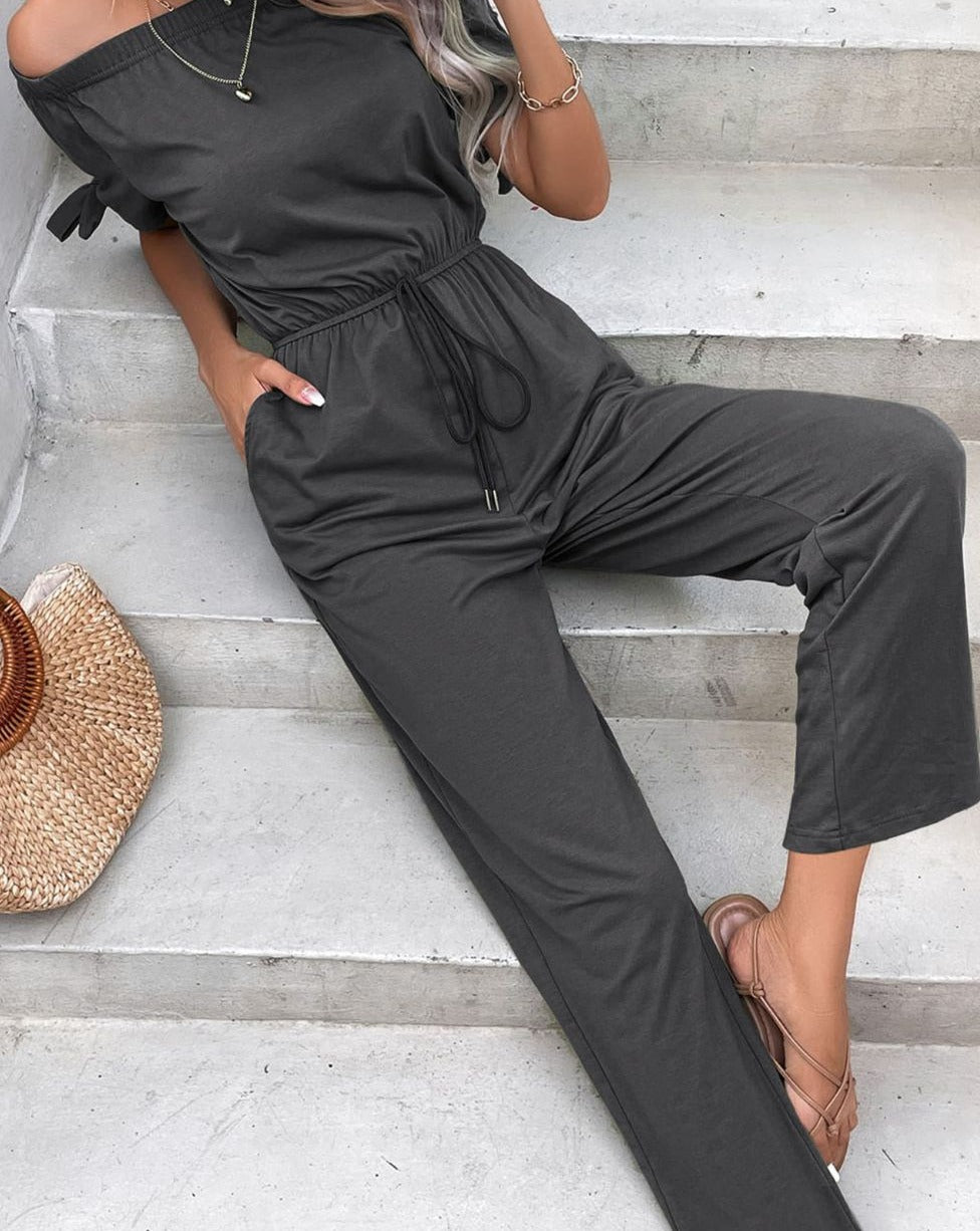 Off-Shoulder Tie Cuff Women Jumpsuit with Pockets