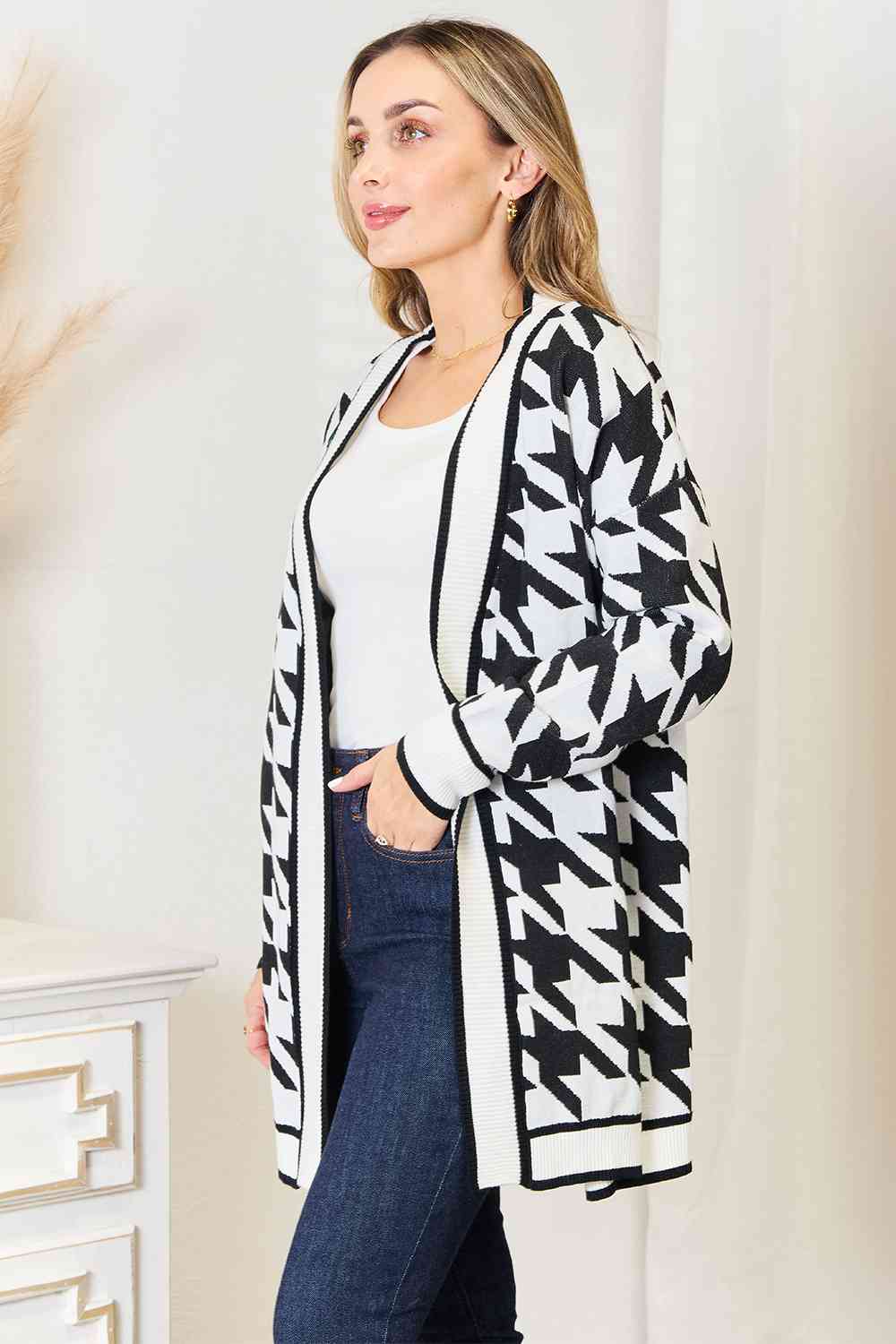 Mandy Woven Right Houndstooth Open Front Longline Women Cardigan