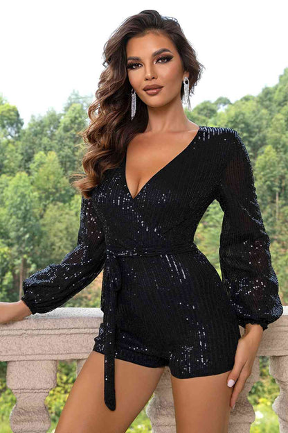 Sequin Tie Waist Long Sleeve Women Romper