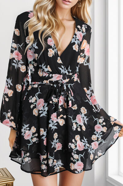 Printed Surplice Balloon Sleeve Women Mini Dress