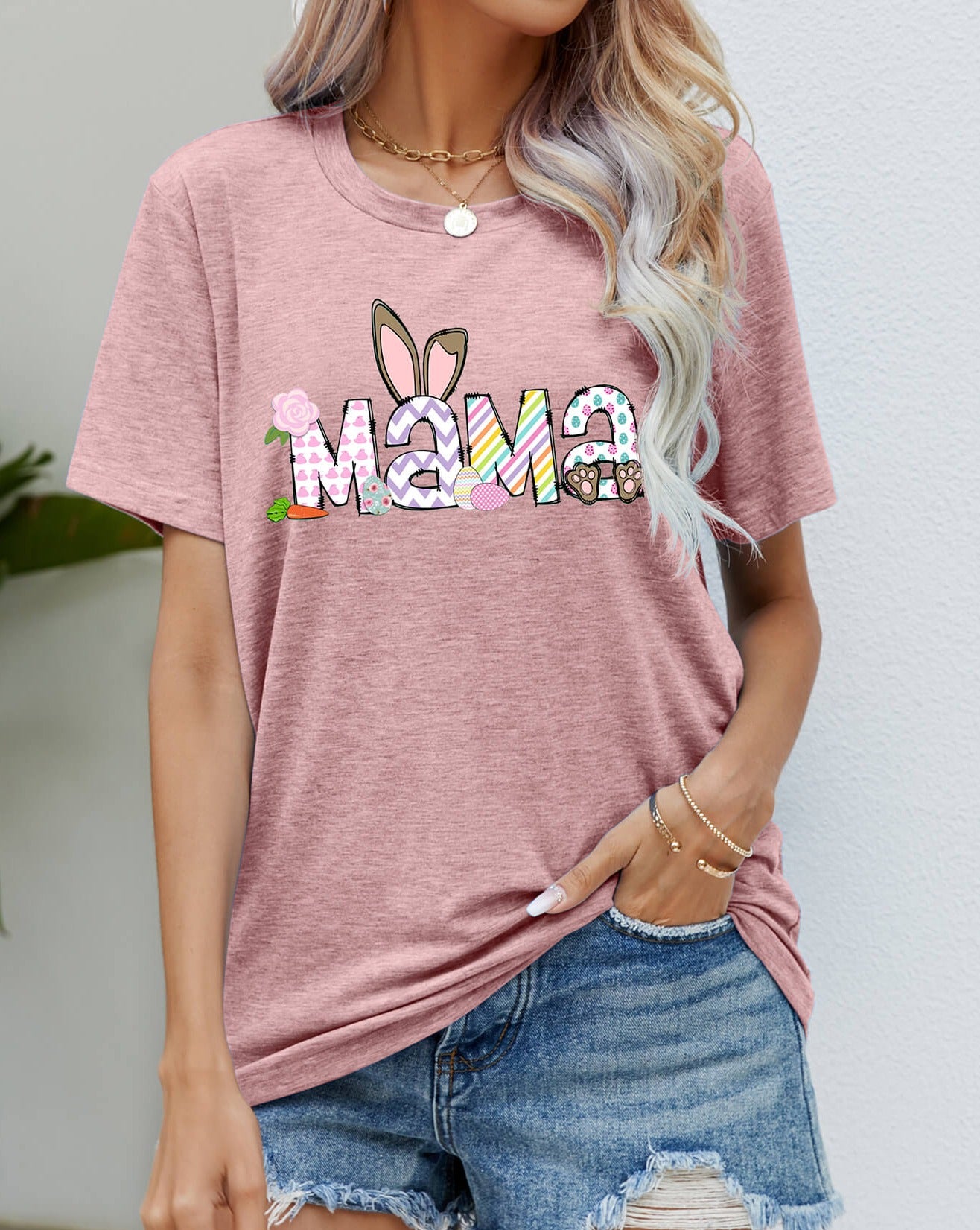 Easter MAMA Graphic Round Neck Women T-Shirt