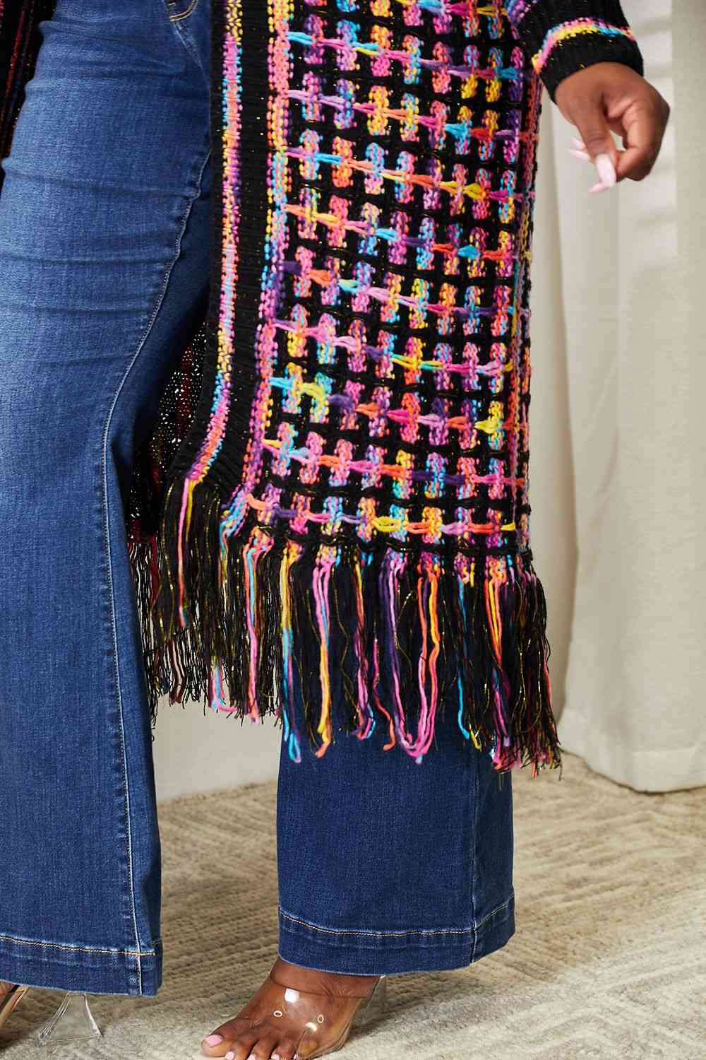 Double Take Full Size Multicolored Open Front Fringe Hem Women Cardigan