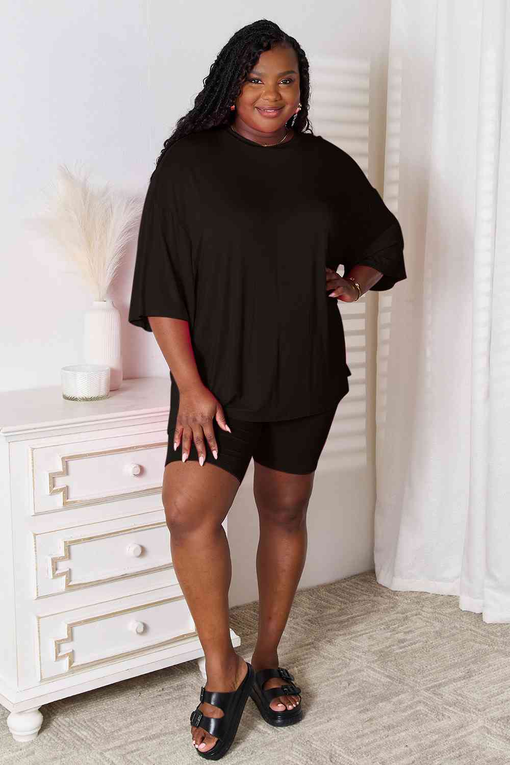 Basic Bae Full Size Soft Rayon Three-Quarter Sleeve Women Top and Shorts Set