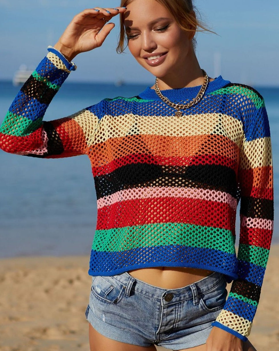 Rainbow Stripe Openwork Long Sleeve Cover-Up - Zara-Craft