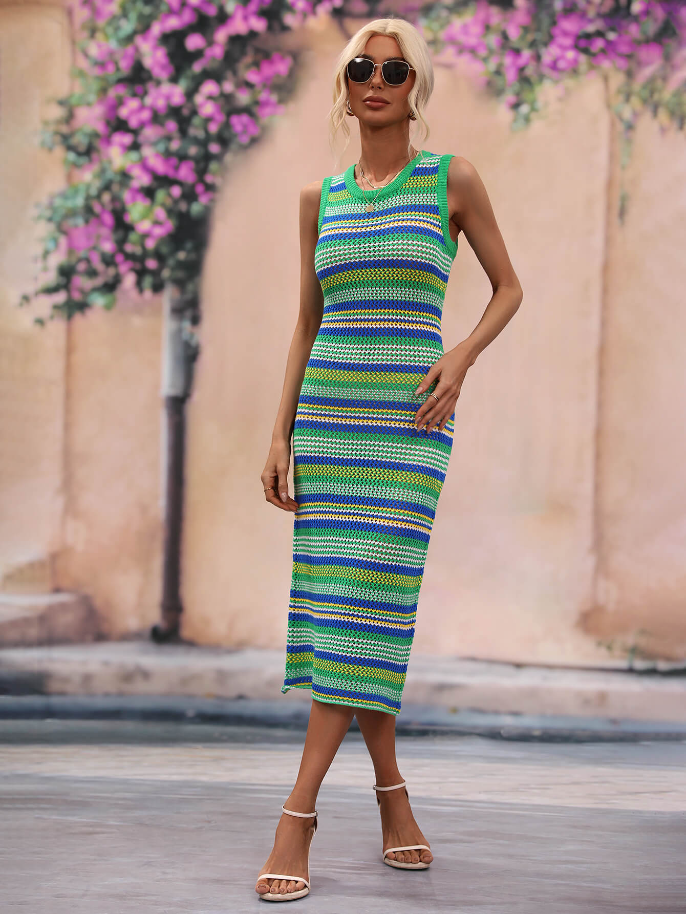 Striped Round Neck Sleeveless Midi Cover Up Dress - Zara-Craft