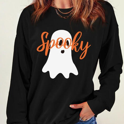 SPOOKY Ghost Graphic Round Neck Women Sweatshirt