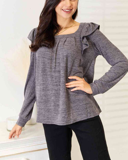 Double Take Square Neck Ruffle Shoulder Long Sleeve Women T-Shirt