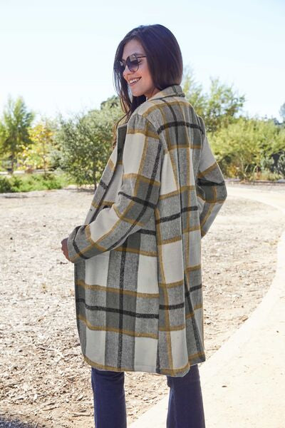 Double Take Full Size Plaid Button Up Lapel Women Collar Coat