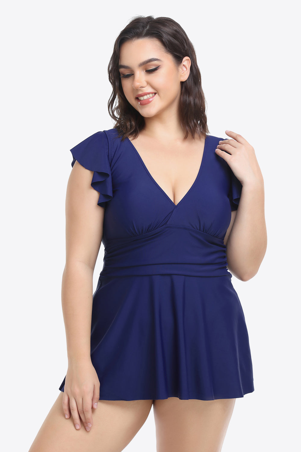 Plus Size Ruffled Plunge Swim Dress and Bottoms Set - Zara-Craft