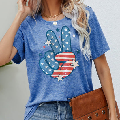 US Flag Peace Sign Hand Graphic Women Tee Shirt