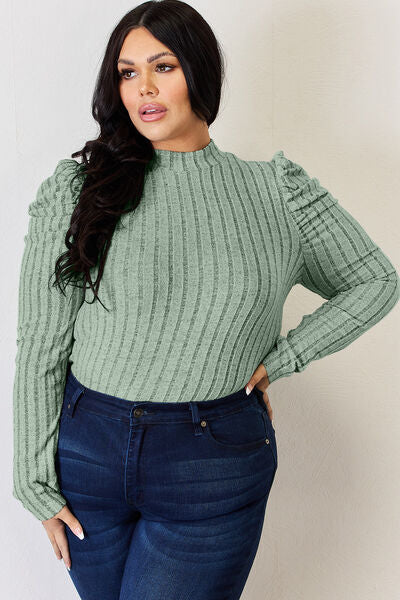 Basic Bae Full Size Ribbed Mock Neck Puff Sleeve Women T-Shirt