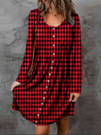 Double Take Full Size Plaid Round Neck Long Sleeve Magic Women Dress