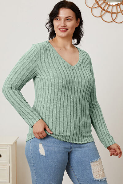 Basic Bae Full Size Ribbed V-Neck Long Sleeve Women T-Shirt