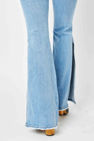 Judy Blue Full Size Mid Rise Raw Hem Slit Flare Women Jeans