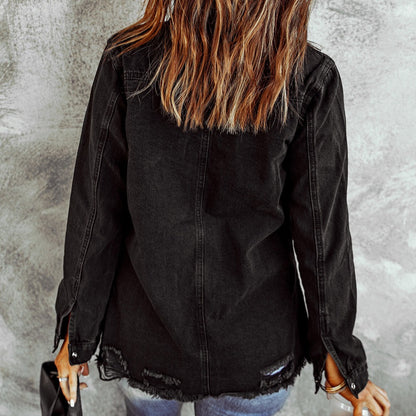 Distressed Snap Down Denim Women Jacket