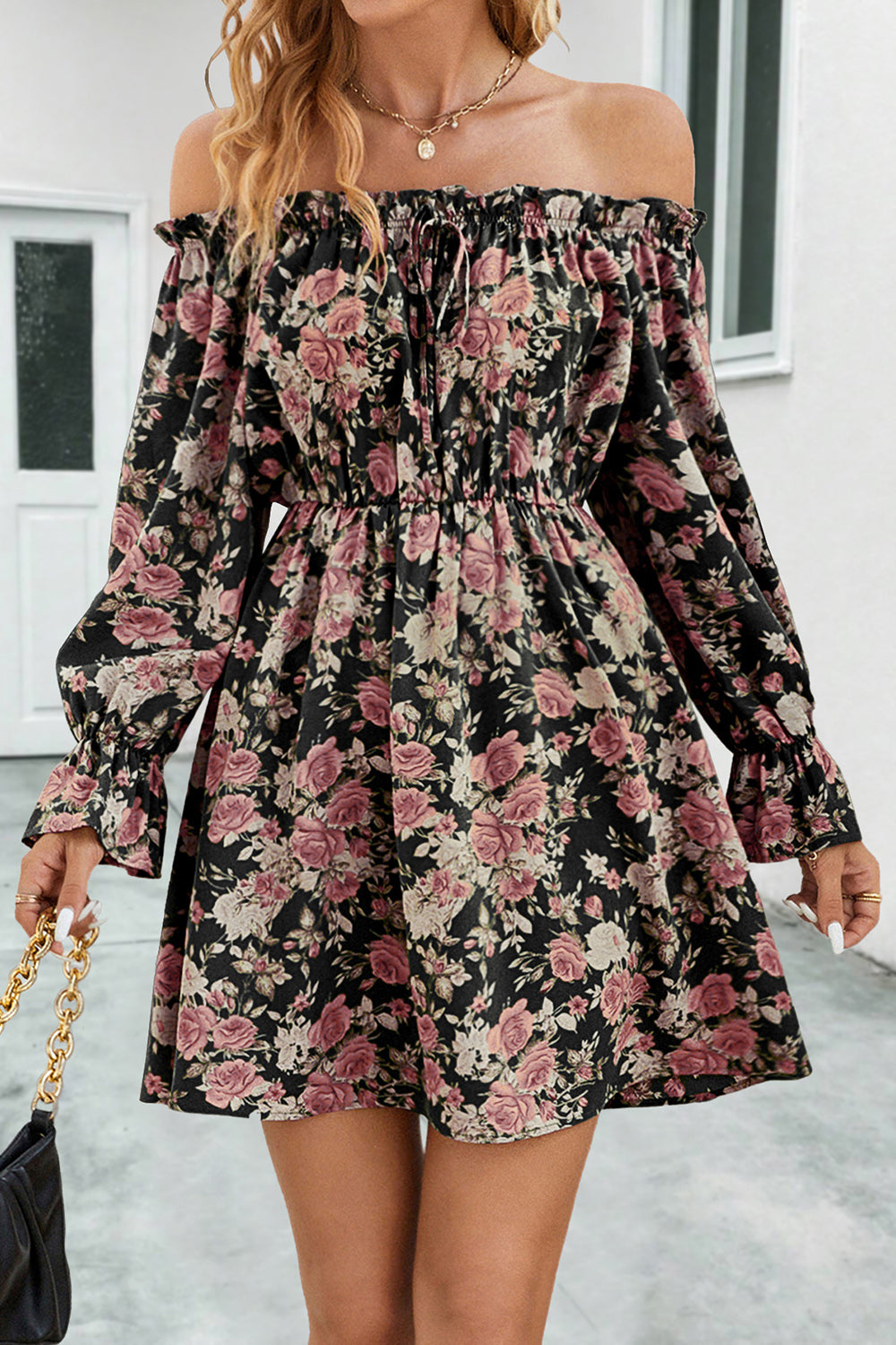 Floral Off-Shoulder Flounce Sleeve Women Dress