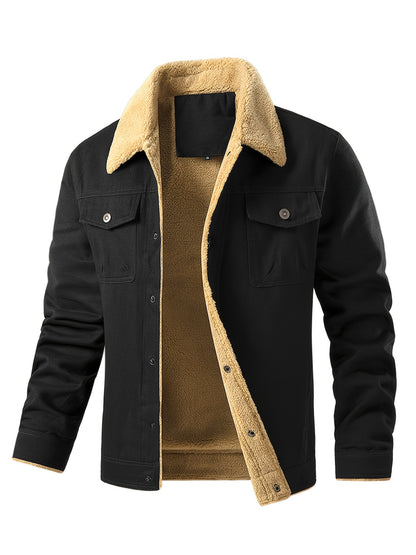 Men's Casual Warm Fleece Flap Pocket Jacket, Chic Cotton Button Up Jacket For Fall Winter