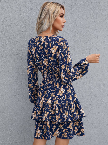 Floral Layered Surplice Balloon Sleeve Women Dress