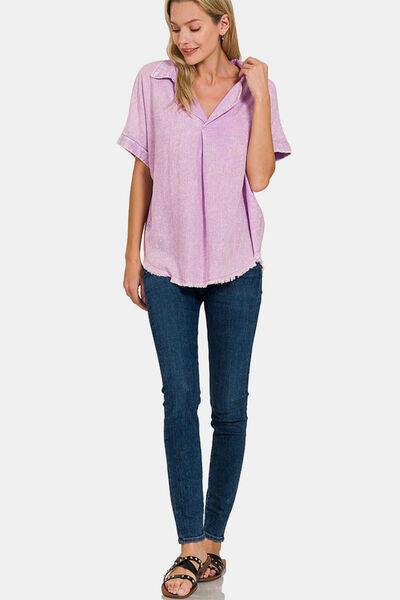 Zenana Washed Linen Raw Hem V-Neck Women Shirt