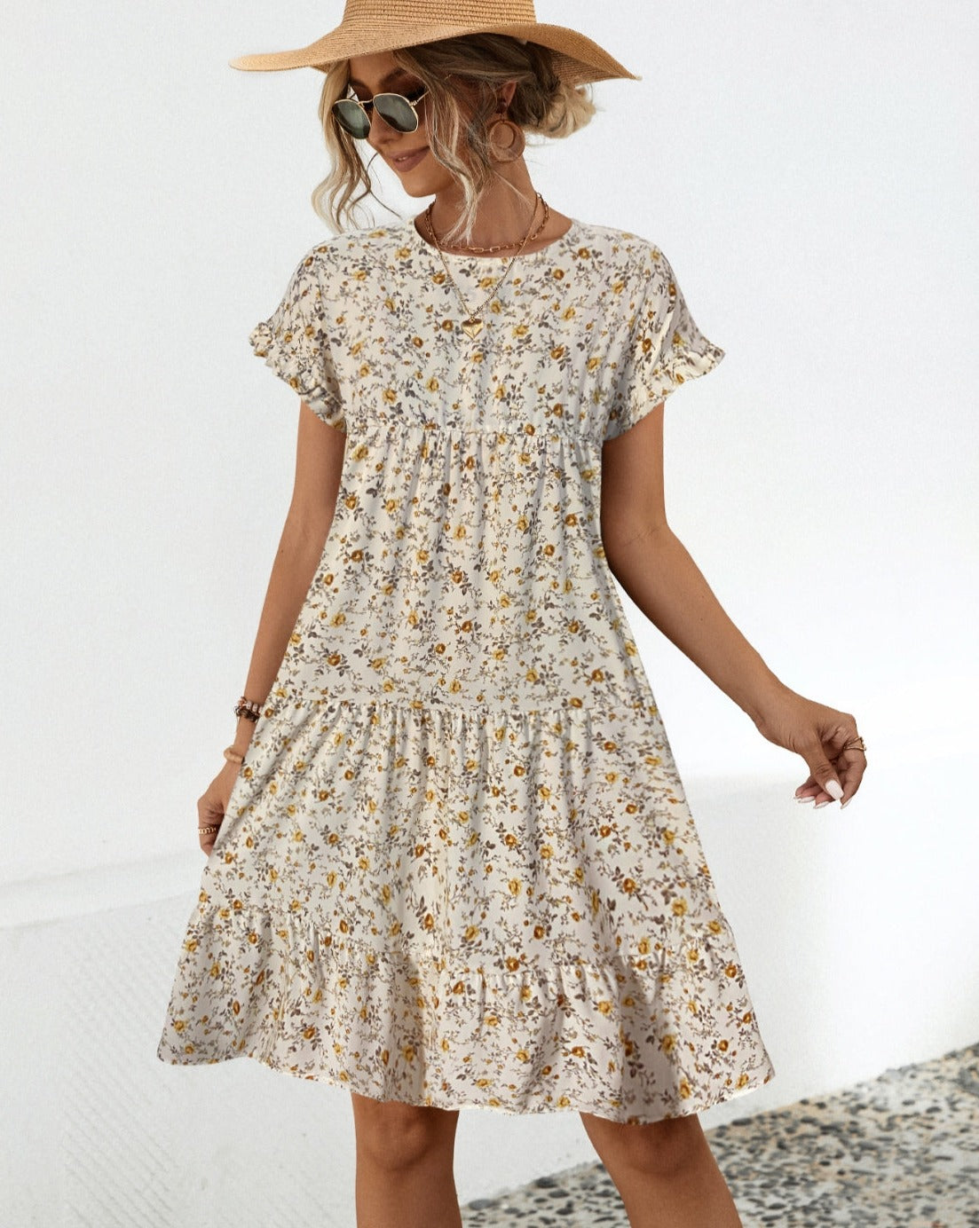 Frill Floral Round Neck Short Sleeve Tiered Women Dress