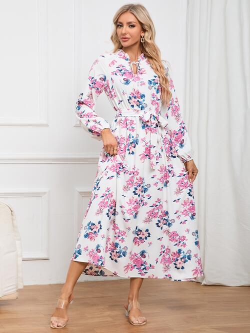 Floral Tie Front Balloon Sleeve Women Dress