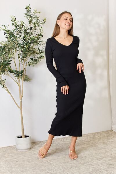 Culture Code Full Size Ribbed Long Sleeve Midi Slit Women Dress