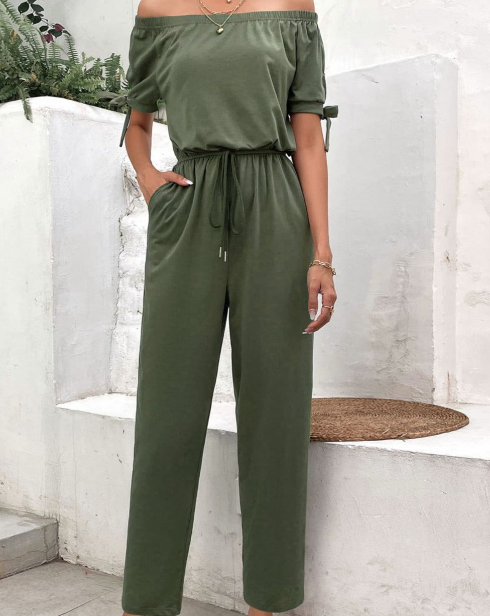 Off-Shoulder Tie Cuff Women Jumpsuit with Pockets