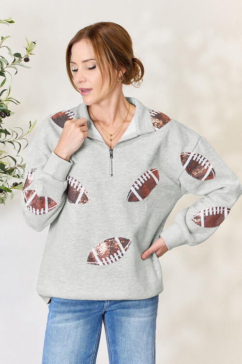 Double Take Full Size Sequin Football Half Zip Long Sleeve Women Sweatshirt