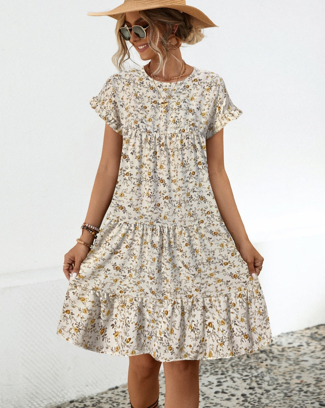 Frill Floral Round Neck Short Sleeve Tiered Women Dress