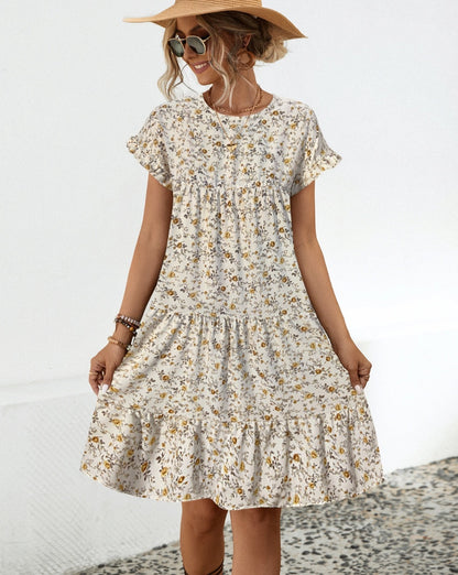 Frill Floral Round Neck Short Sleeve Tiered Women Dress