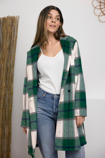 Double Take Full Size Plaid Button Up Lapel Women Collar Coat