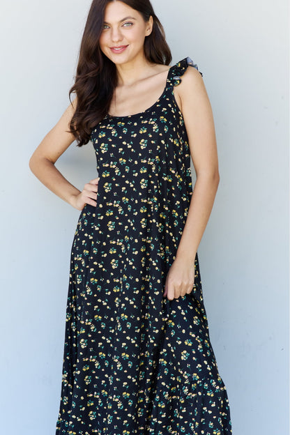 Doublju In The Garden Ruffle Floral Women Maxi Dress in  Black Yellow Floral