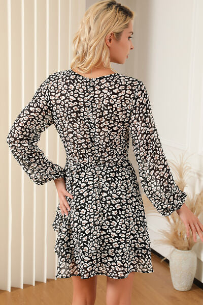 Printed Surplice Balloon Sleeve Women Mini Dress