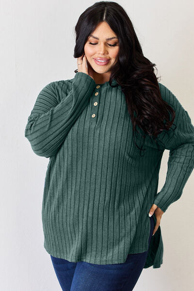 Basic Bae Full Size Ribbed Half Button Long Women Sleeve High-Low T-Shirt