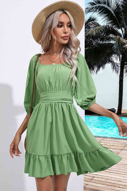 Square Necktie Back Ruffle Hem Women Dress