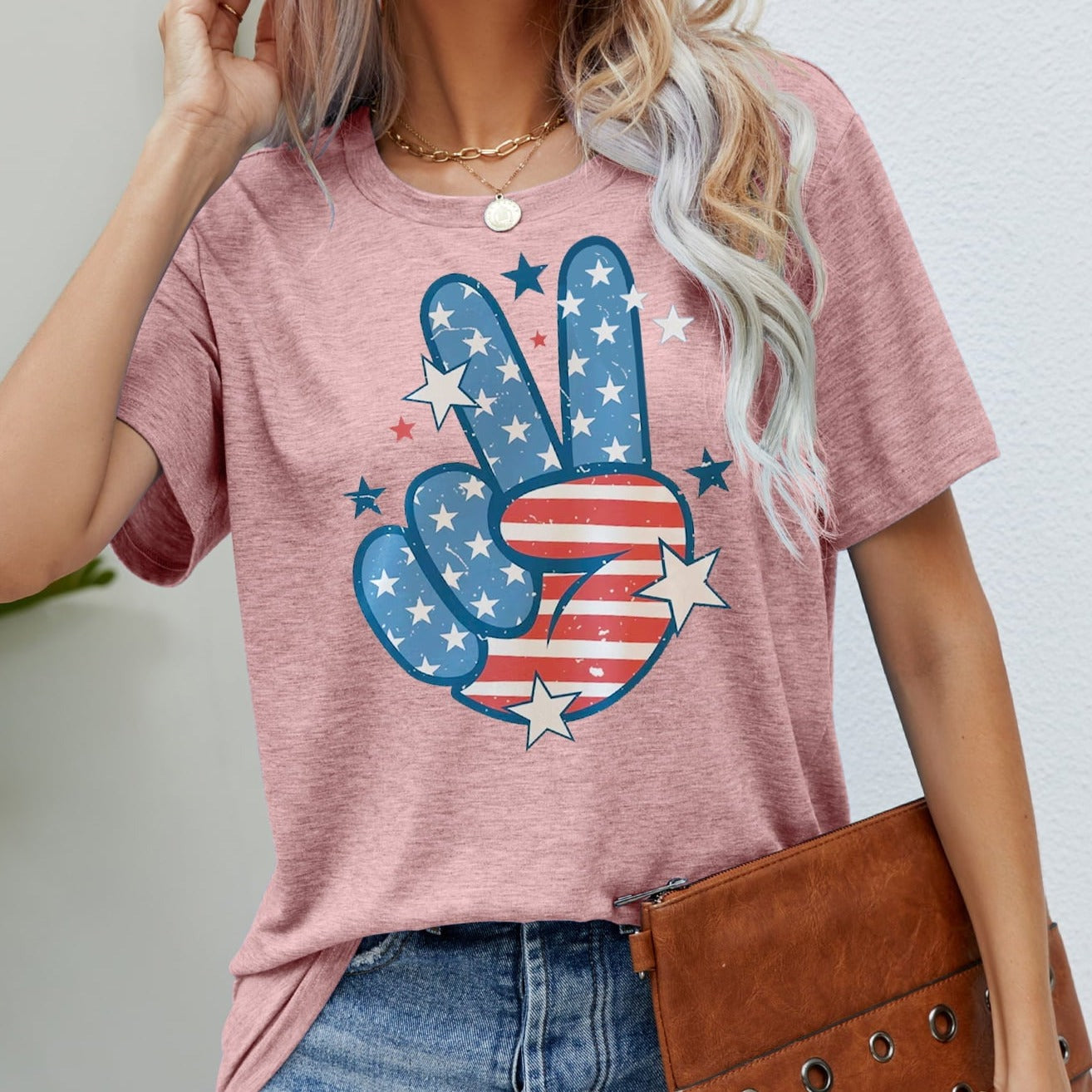 US Flag Peace Sign Hand Graphic Women Tee Shirt