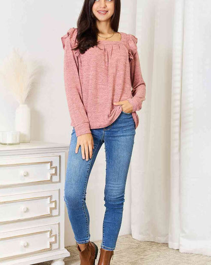 Double Take Square Neck Ruffle Shoulder Long Sleeve Women T-Shirt