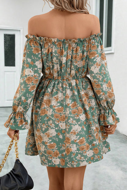 Floral Off-Shoulder Flounce Sleeve Women Dress