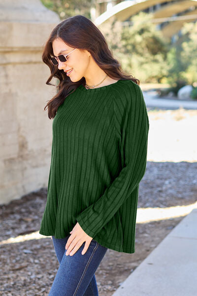 Basic Bae Full Size Ribbed Round Neck Long Sleeve Knit Women Top