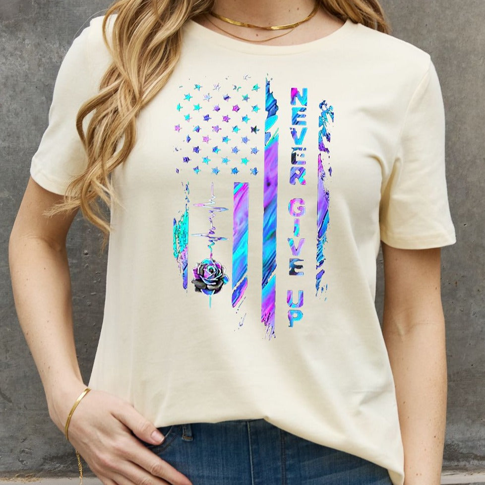 Simply Love Full Size NEVER GIVE UP Graphic Cotton Women Tee Shirt