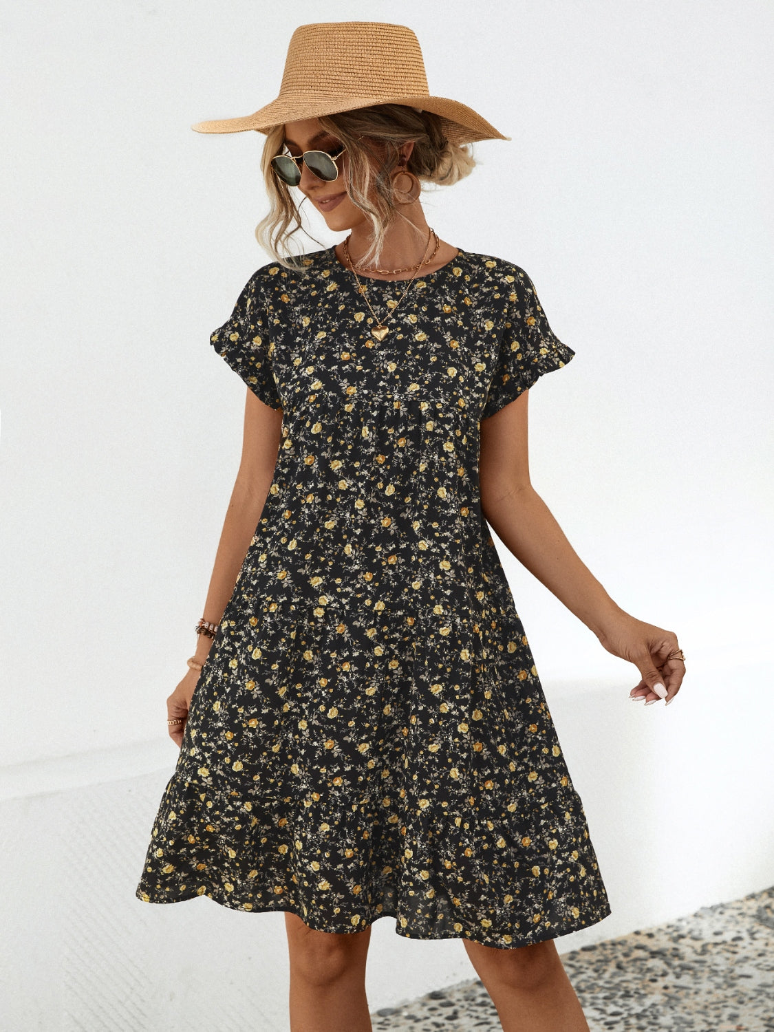 Frill Floral Round Neck Short Sleeve Tiered Women Dress