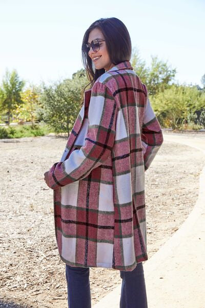 Double Take Full Size Plaid Button Up Lapel Women Collar Coat