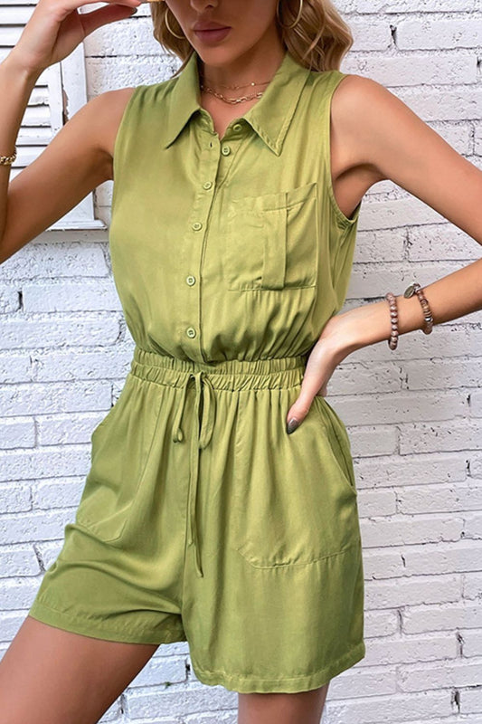 Collared Neck Sleeveless Women Romper with Pockets