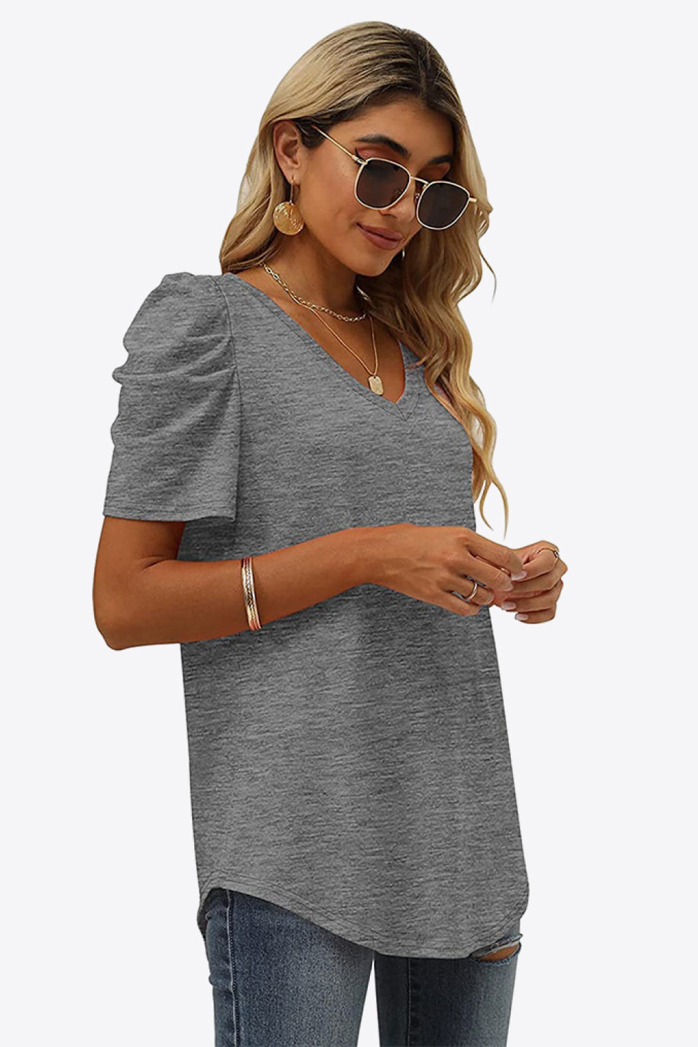 V-Neck Puff Sleeve Women T-Shirt