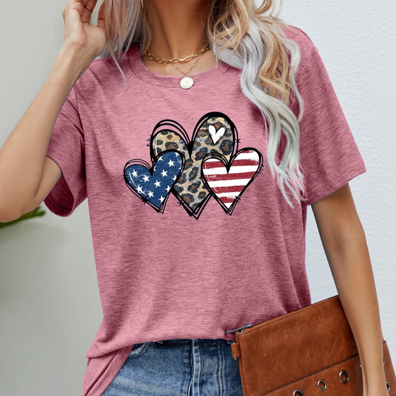 US Flag Leopard Heart Graphic Women Tee Shirt